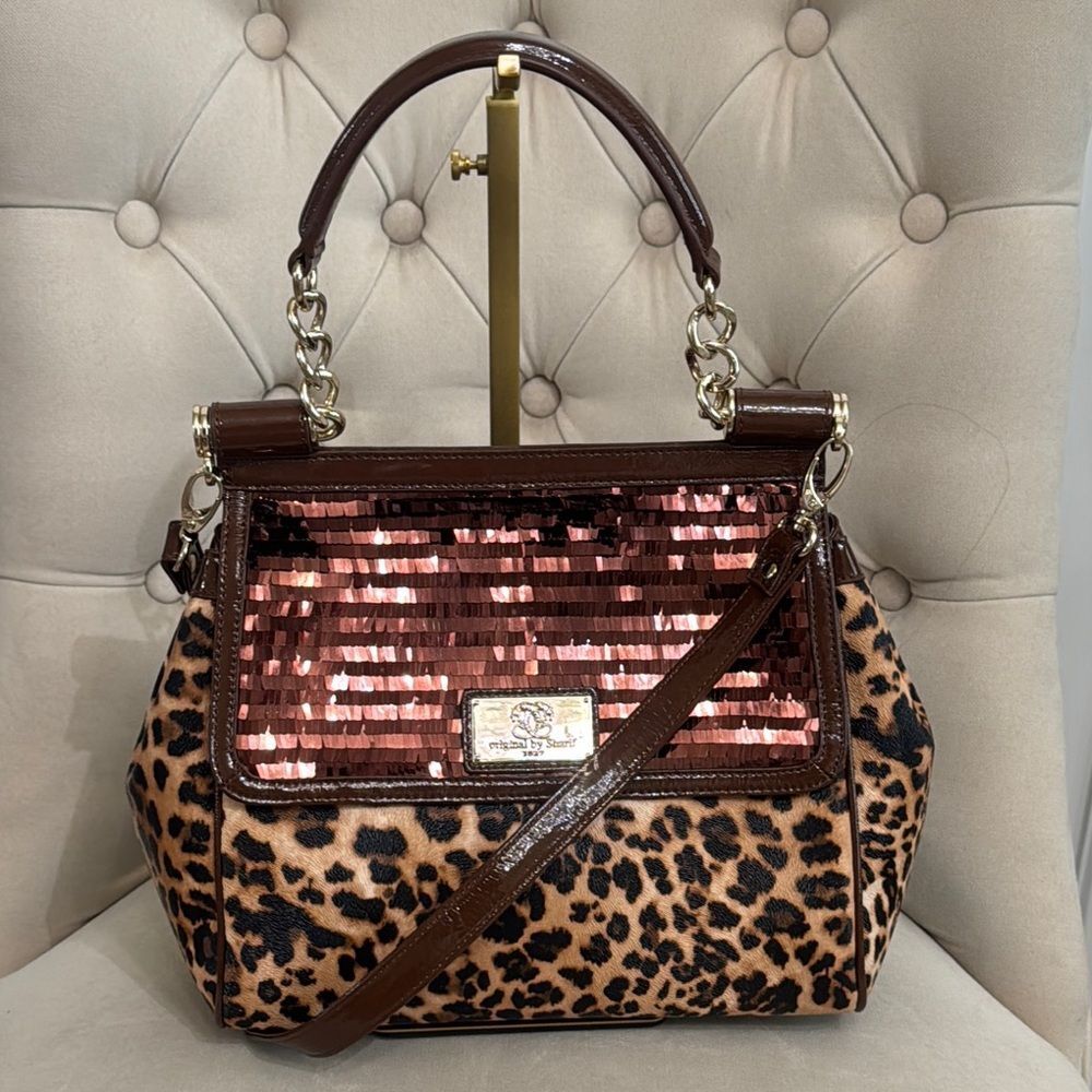 Sharif Leopard Print Satchel with Rose Gold Sequined Flap and Brown Trim